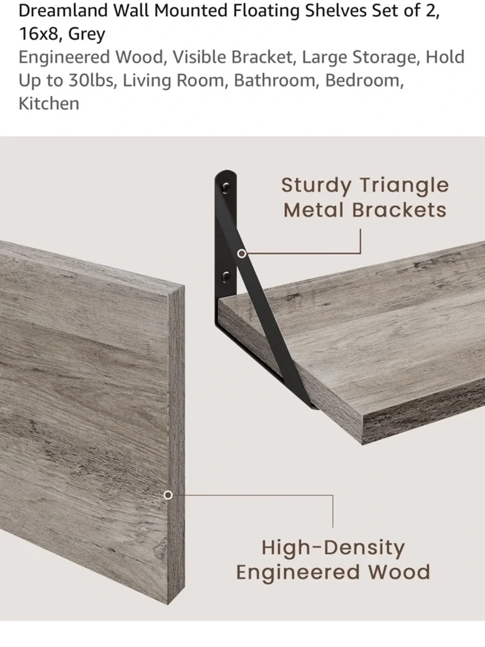 New in Box: Grey Floating Wall Shelves with Black Brackets - Set of 2